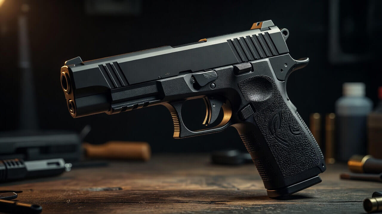 Close-up view of a modern striker-fired handgun featuring factory-integrated compensator ports and textured grip for enhanced control