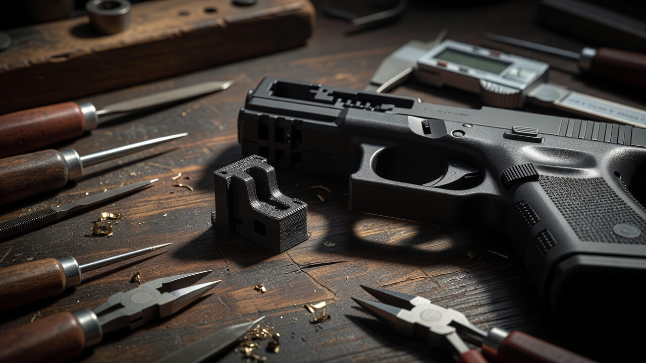 Close-up view of a small 3D-printed auto-sear component next to a standard semiautomatic pistol frame on a workbench