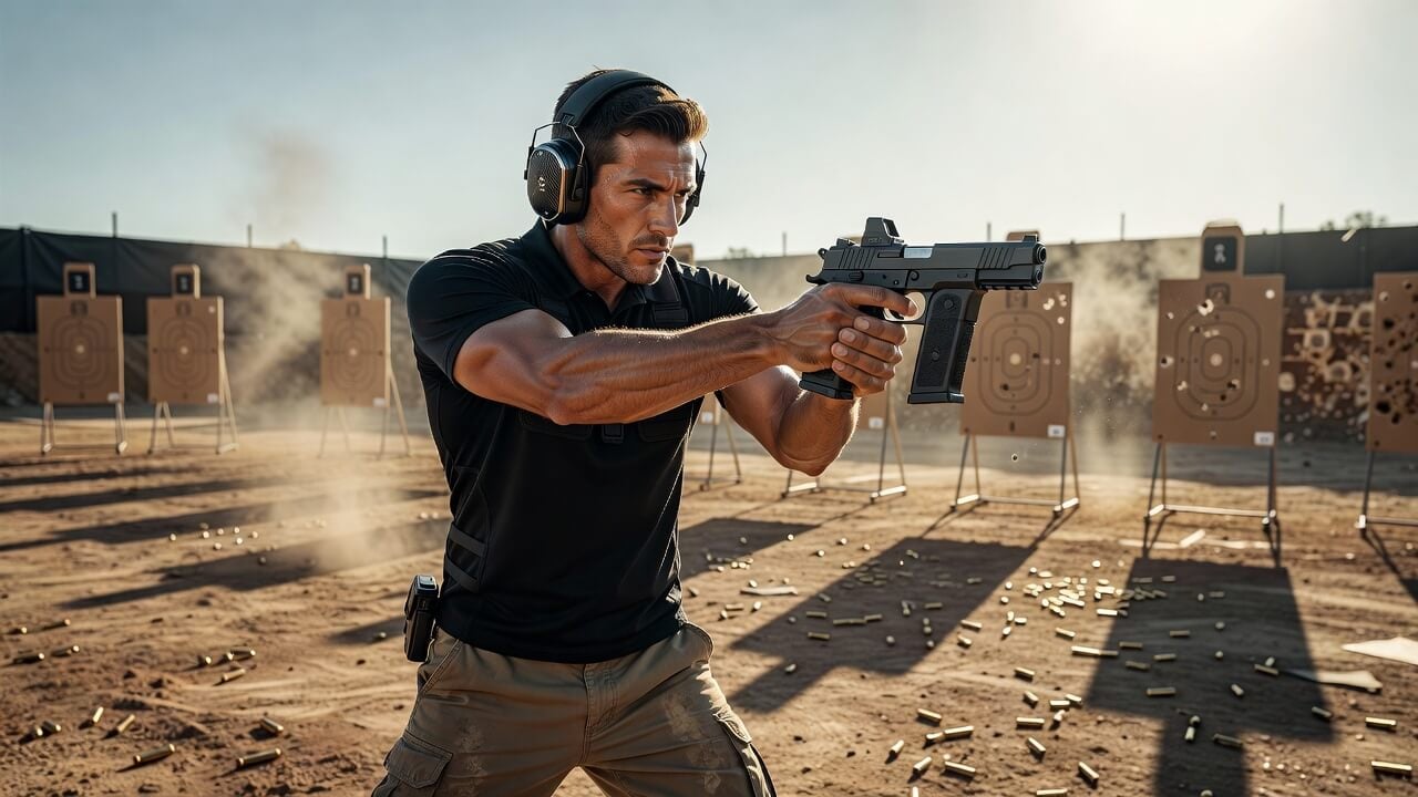 Competitive shooter wearing sleek 2026 electronic earmuffs on a sunny outdoor pistol range, targets visible in the background