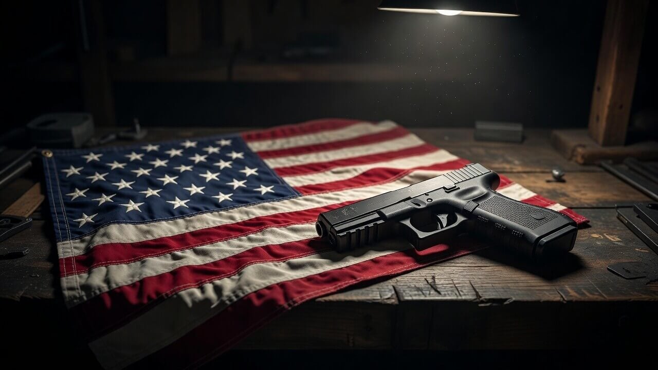 Symbolic image of the American flag alongside a modern handgun representing constitutional rights