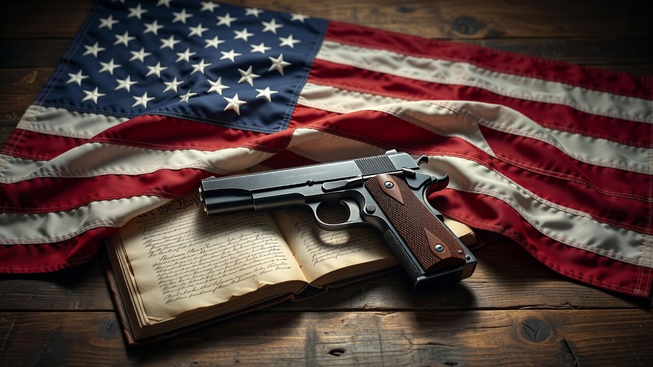 Close-up of the American flag draped over a classic 1911 handgun and a copy of the U.S. Constitution, representing the intersection of patriotism and Second Amendment freedoms