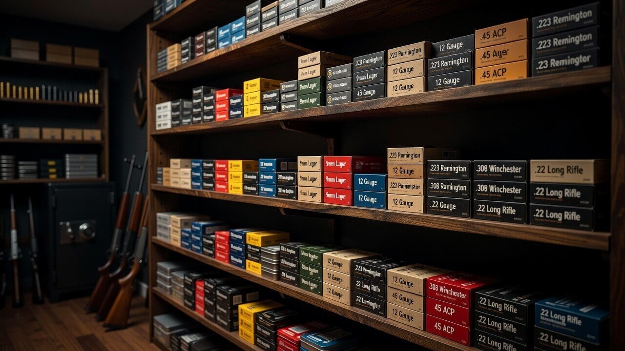 Well-organized shelves stocked with various calibers of ammunition boxes in a home gun room