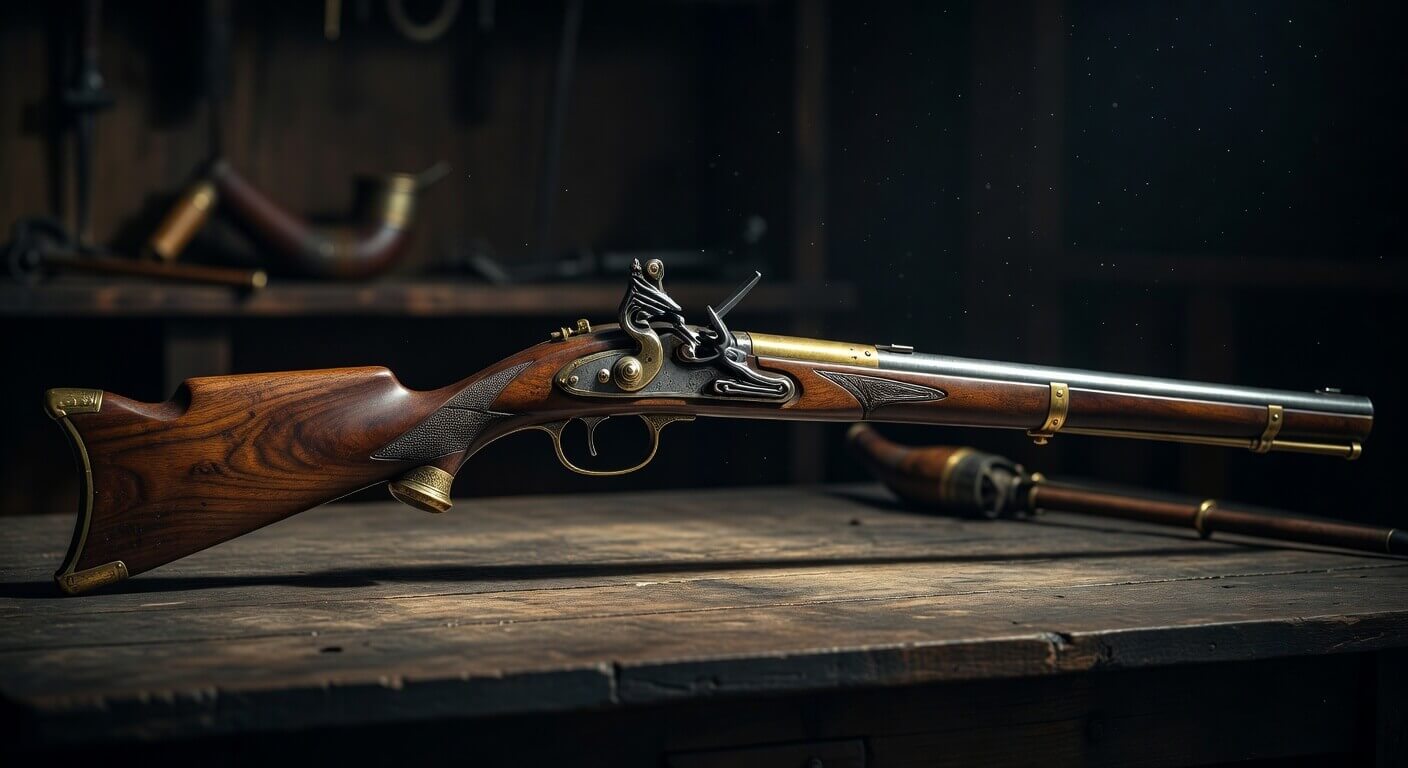 Close-up of a well-preserved 18th-century flintlock musket with polished wood stock and brass fittings resting on a wooden table