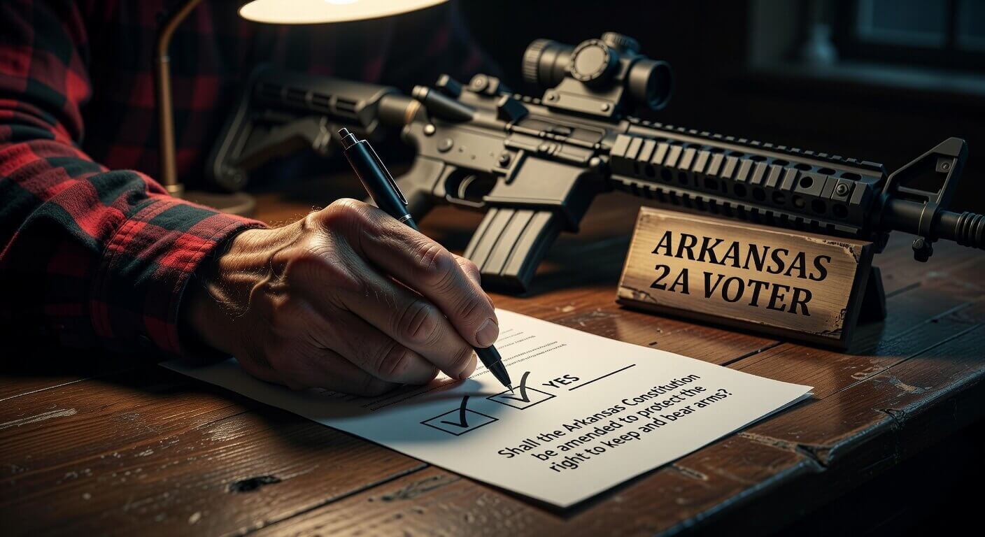 Close-up of an Arkansas voter marking a ballot in favor of constitutional gun rights