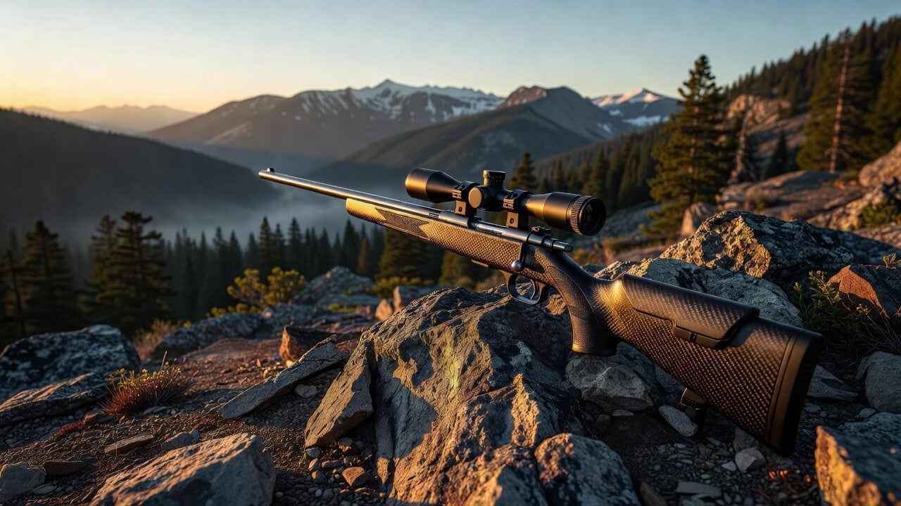 Bergara Premier CIMA Pro carbon fiber rifle resting on a rocky outcrop during a backcountry hunt at sunrise