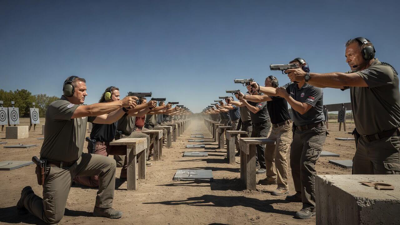 Wide view of the Bianchi Cup action pistol range filled with competitors in shooting positions under clear Missouri skies