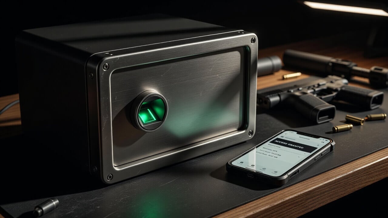 Close-up of a modern biometric gun safe with fingerprint scanner glowing green and smartphone app interface visible on a nearby device