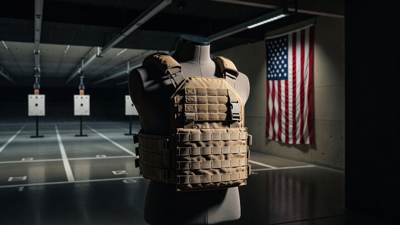 Tactical body armor vest displayed on a mannequin in a professional shooting range setting with American flag in background