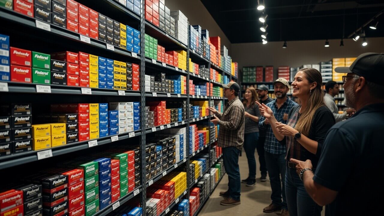 Well-stocked ammunition shelves in a California gun store with happy customers in the background