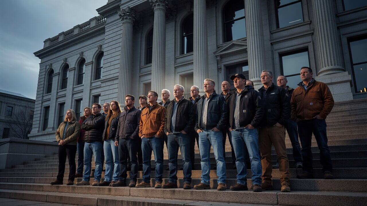 Colorado firearms dealers standing together outside a federal courthouse during a press conference