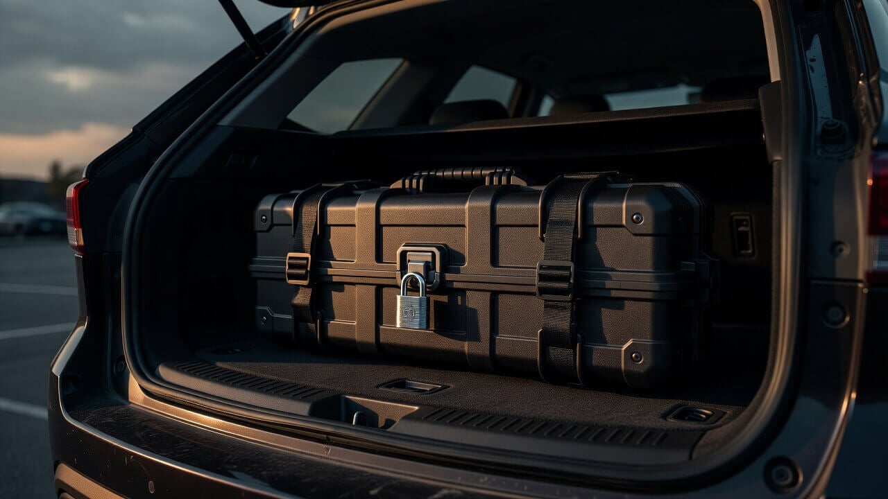 Illustration of a locked hard-sided firearm case placed out of view inside a vehicle trunk