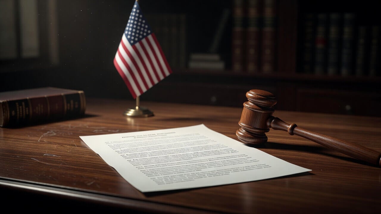 Legislative bill document on wooden desk with gavel and American flag in background