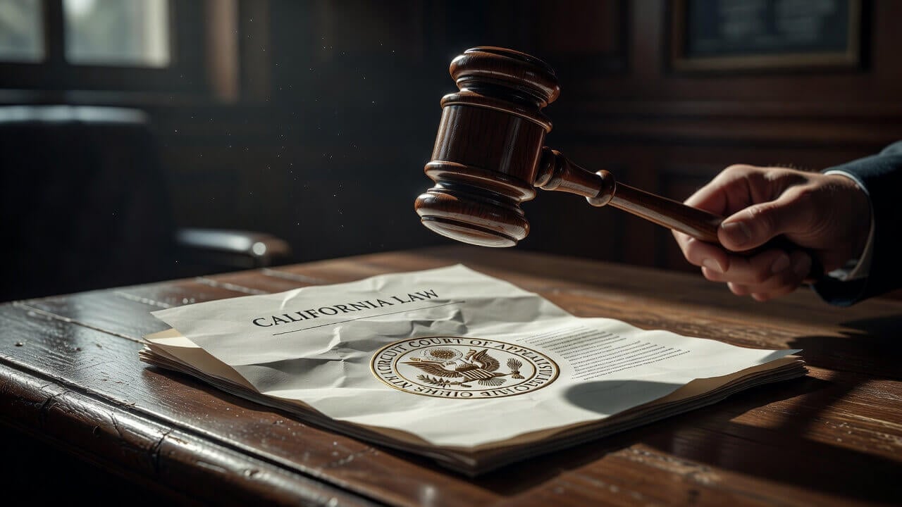 Dramatic image of a courtroom gavel striking down a California law document with the Ninth Circuit seal visible