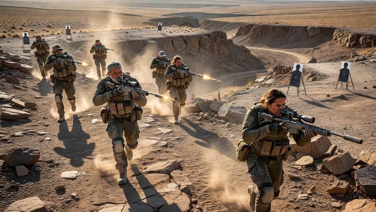 Competitors navigating rugged desert terrain while engaging long-range precision rifle targets during a Run and Gun event