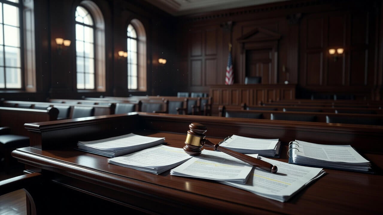 Interior view of a federal courtroom with documents and a gavel on the bench, symbolizing sentencing guideline changes