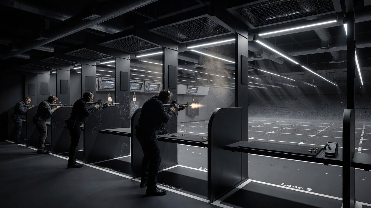 Modern indoor shooting range with multiple lanes, advanced ventilation, and premium lighting at Founders Shooting Club North Miami