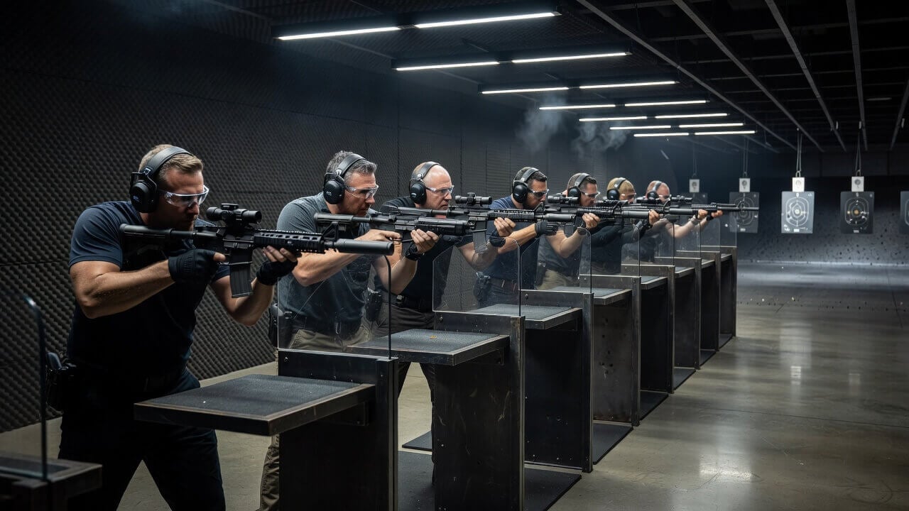 Group of members practicing safe firearm handling and marksmanship at a private indoor range