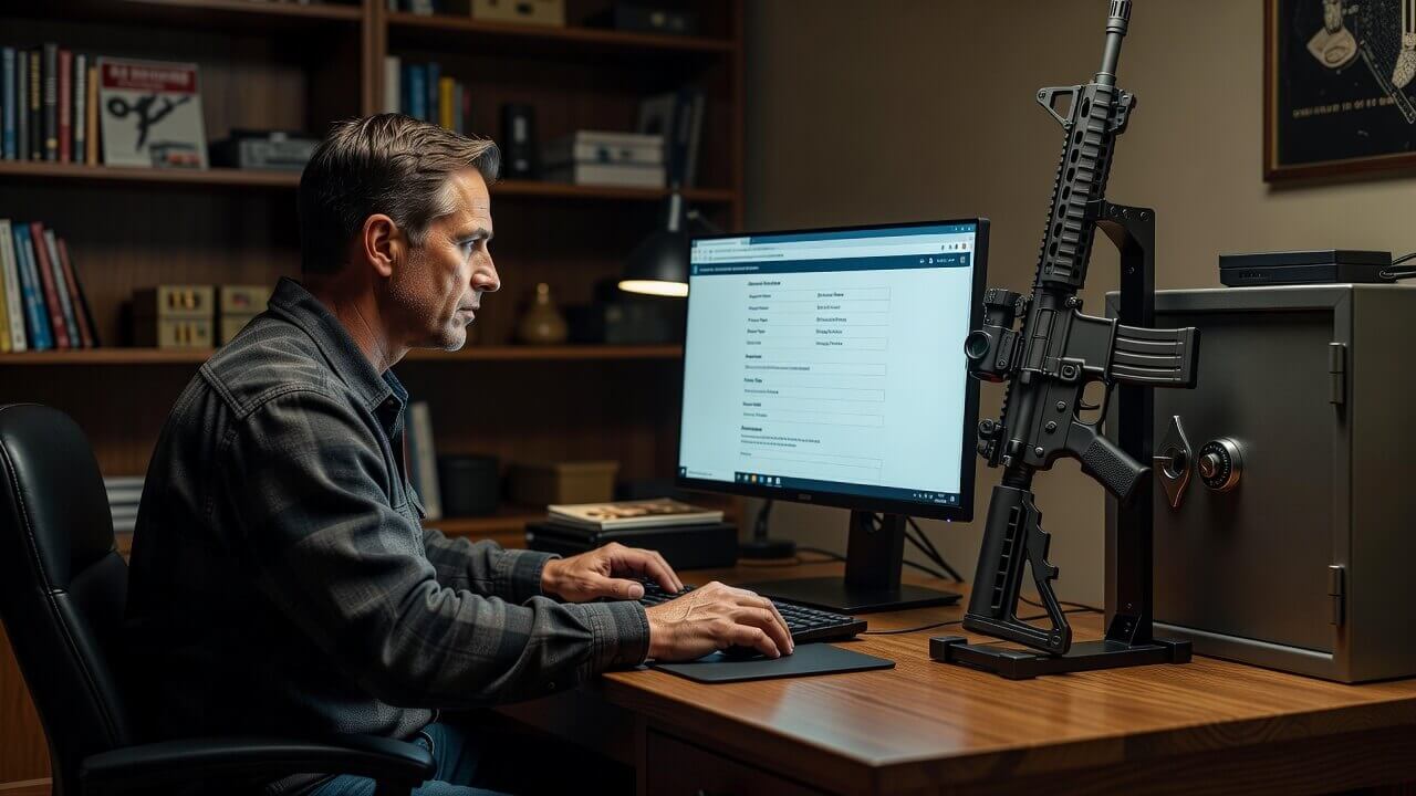 Responsible gun owner reviewing secure background check process on computer
