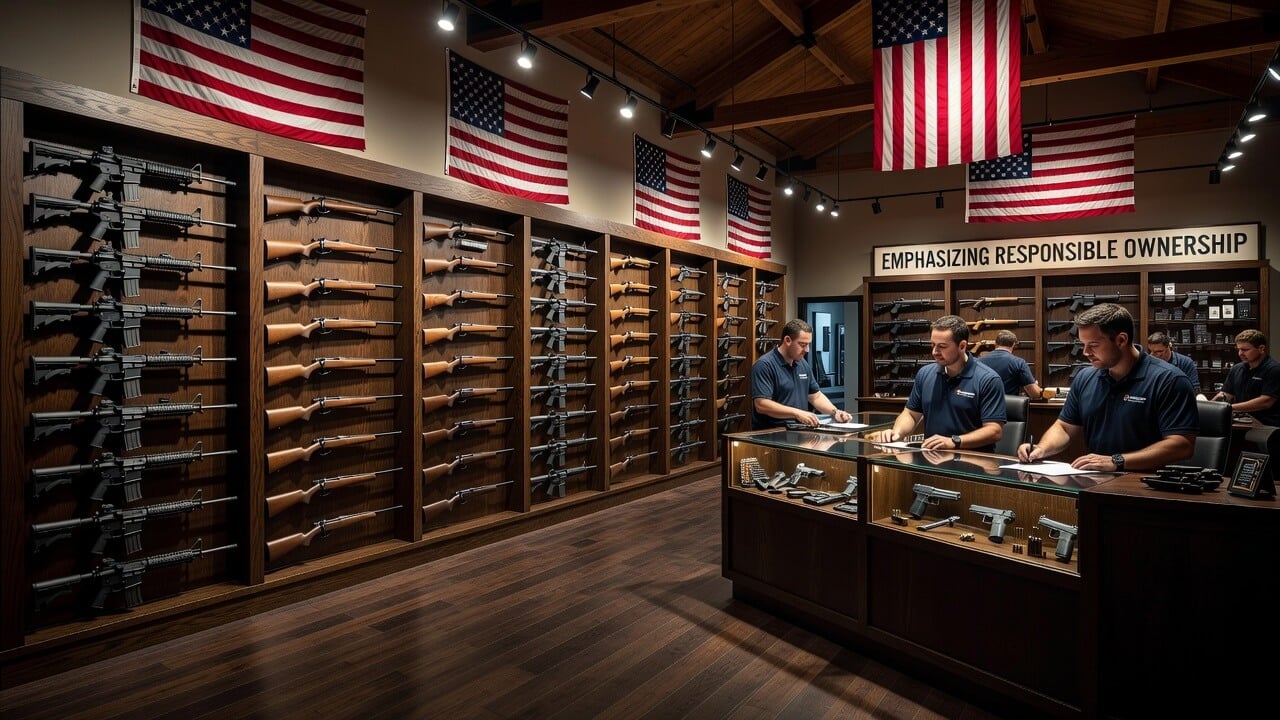 Spacious gun store interior featuring neatly arranged firearms, American flags, and customer service counters emphasizing responsible ownership