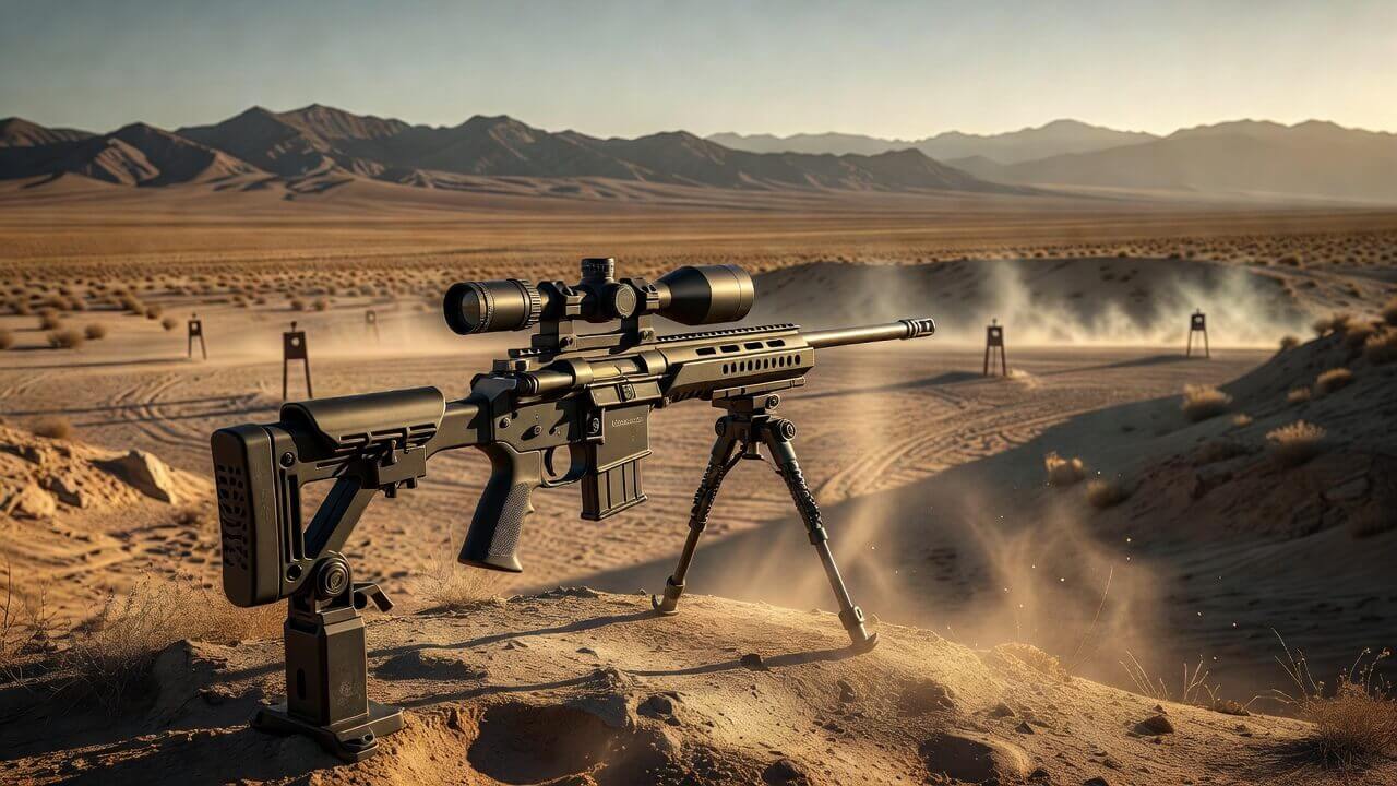 Heatseeker rifle mounted on bipod overlooking distant targets at a high desert range
