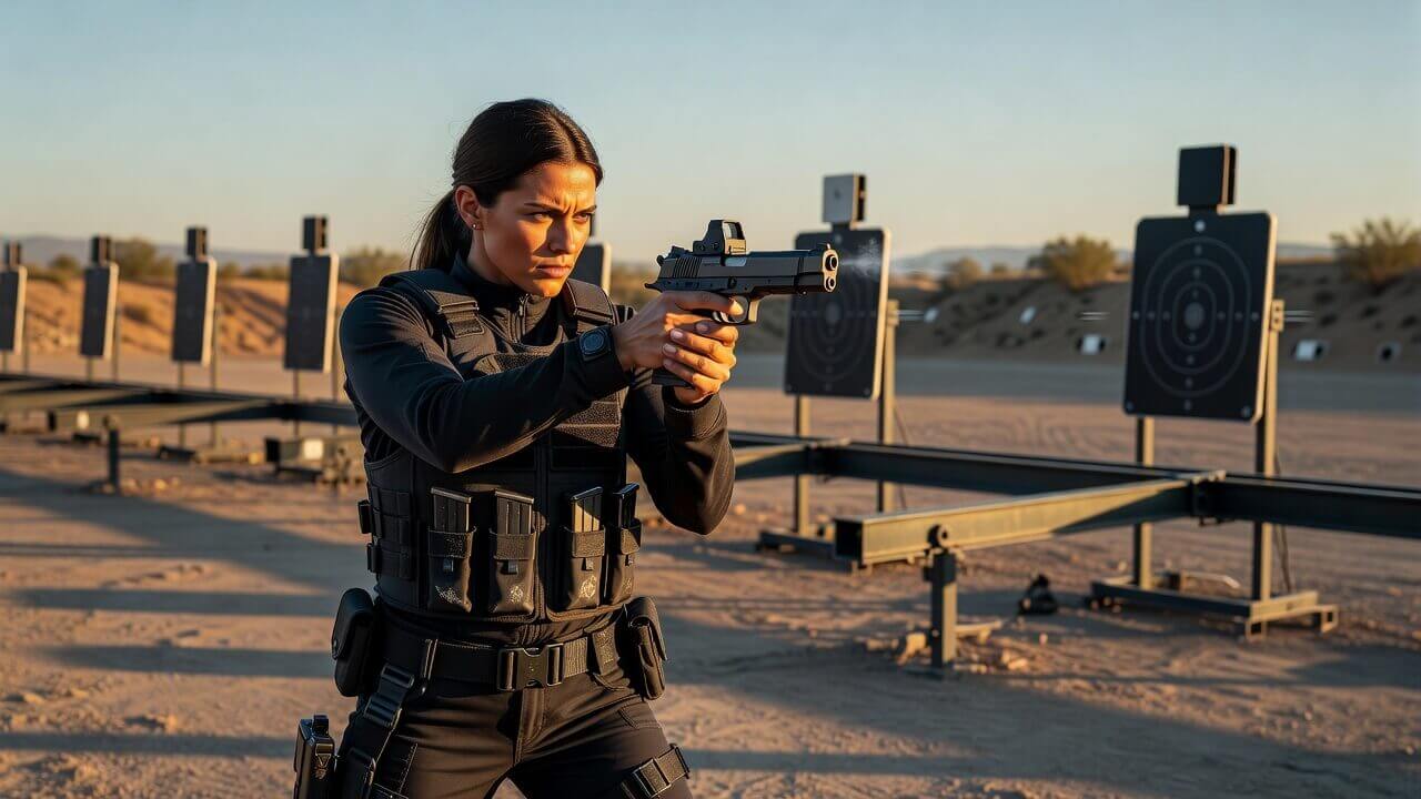 Focused female shooter in competition gear engaging targets during the Bianchi Cup moving target stage