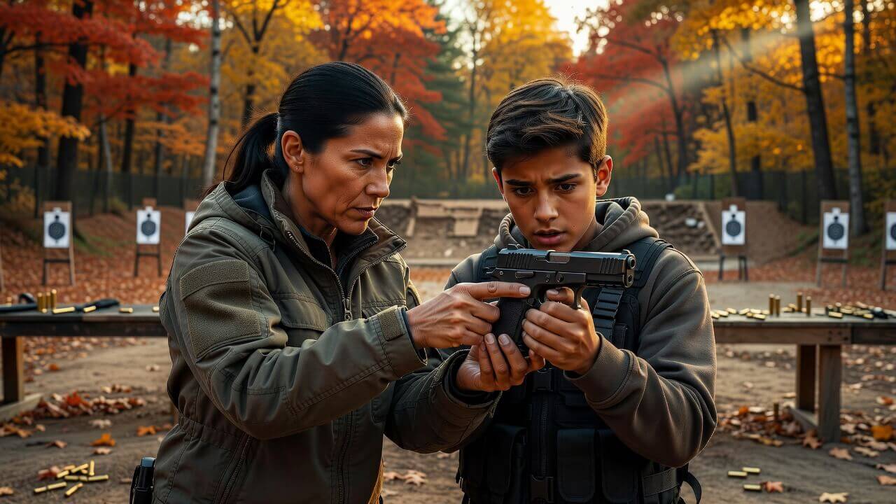 Close-up of a female coach demonstrating trigger discipline to a teenage boy on an outdoor range with autumn foliage in the background