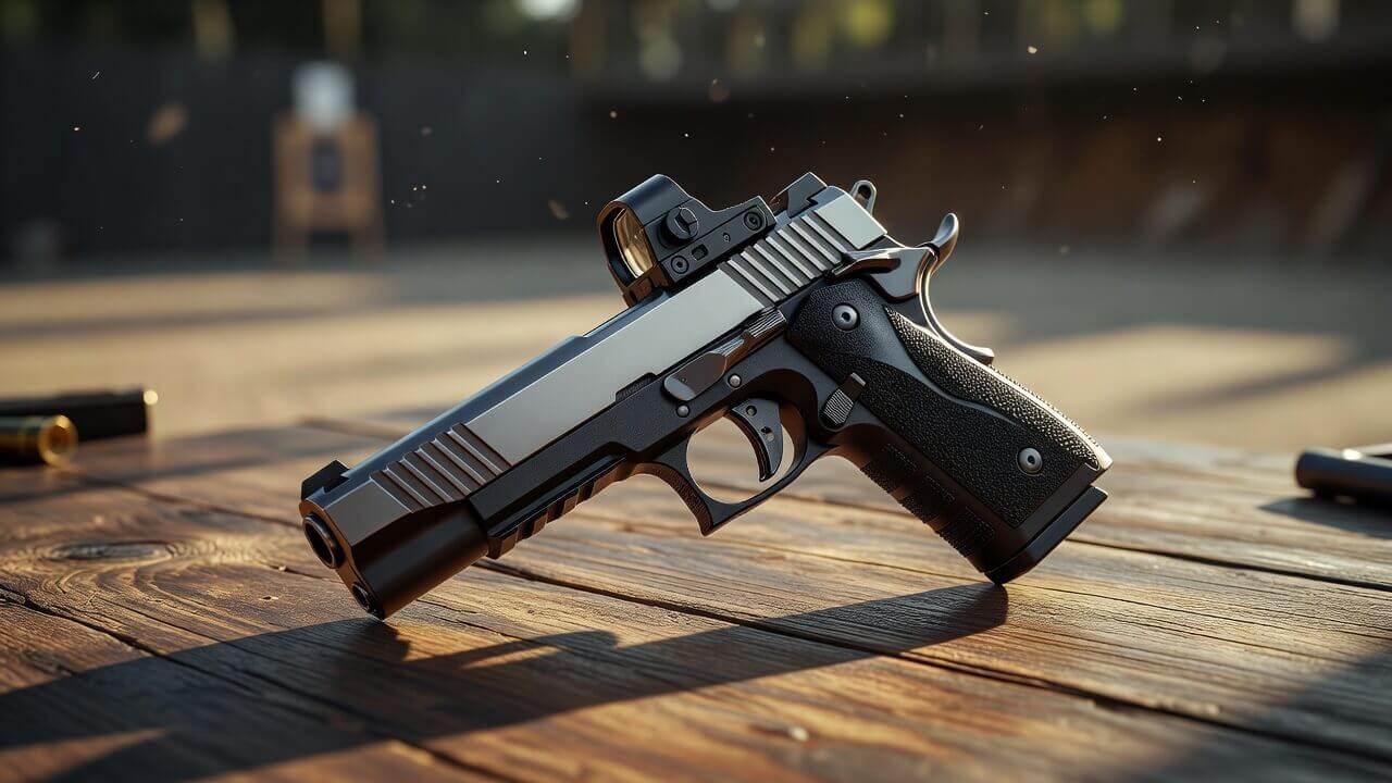 Close-up of a competition-ready striker-fired pistol equipped with a red dot sight resting on a wooden shooting table at an outdoor range