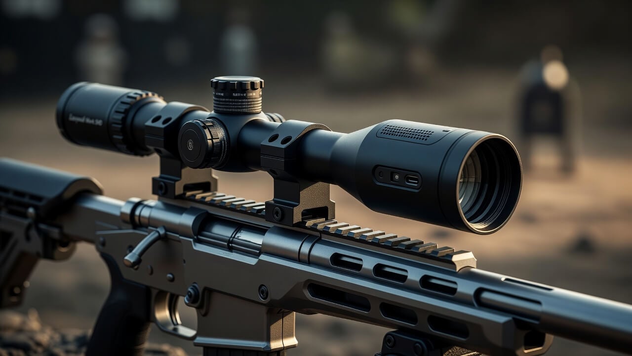 Close-up of the Leupold Mark 5HD scope mounted on a precision rifle, highlighting the integrated wind sensor module and sleek tactical design