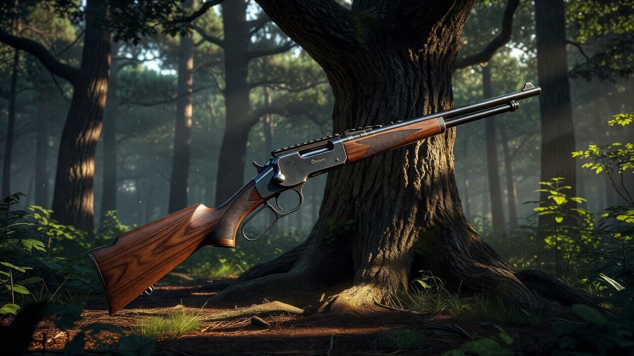 Derya lever-action rifle with optic-ready features in a wooded setting