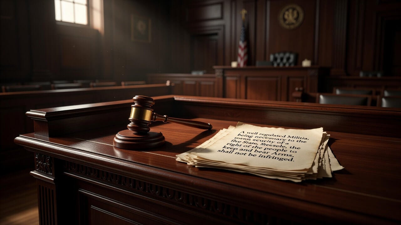 Virginia courtroom scene with gavel and Second Amendment documents on the bench