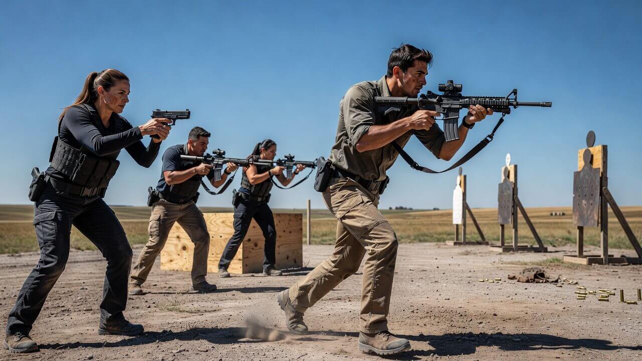 Group of new shooters at a Midwest 3-Gun stage, running drills with accessible AR-15s and pistols under clear skies