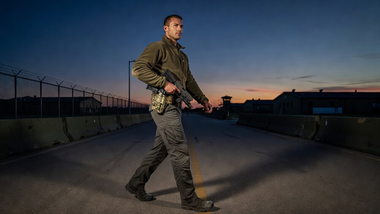 Off-duty U.S. service member carrying a privately owned firearm while walking across a secure military installation at dusk
