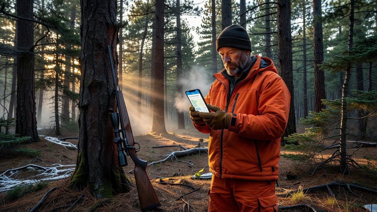 Hunter in blaze orange reviewing a smartphone license app in a Minnesota pine forest at dawn