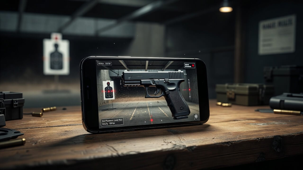 Smartphone displaying a realistic virtual range with a handgun overlay and target feedback