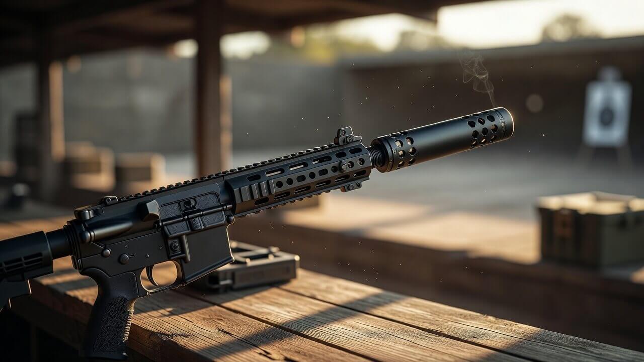 Close-up of a high-quality suppressor mounted on an AR-15 platform at an outdoor shooting range