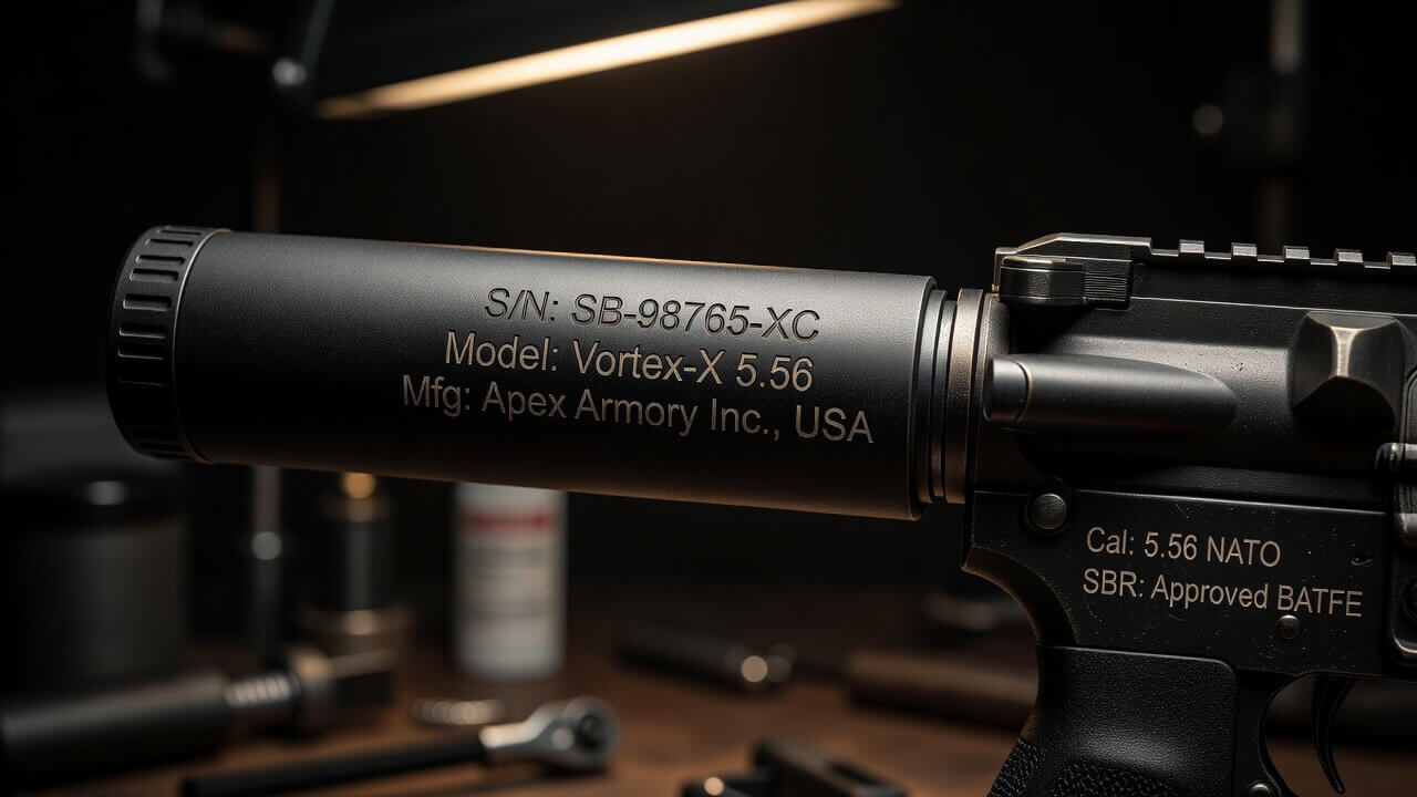 Close-up of precise factory markings on a suppressor and short-barreled rifle receiver