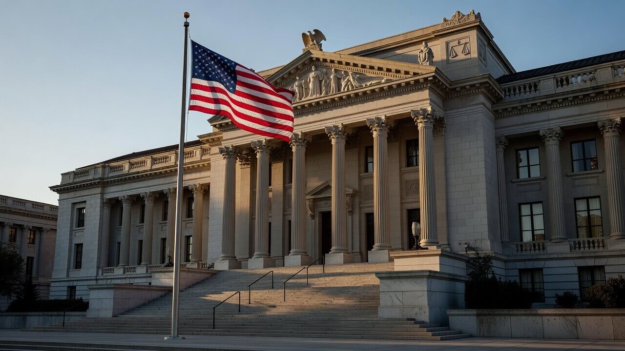 Exterior view of the Ninth Circuit Court of Appeals building with American flag waving in the foreground