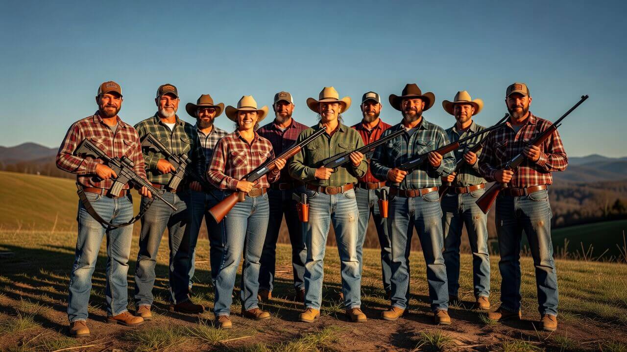 North Carolina residents proudly displaying firearms in a rural setting under clear skies