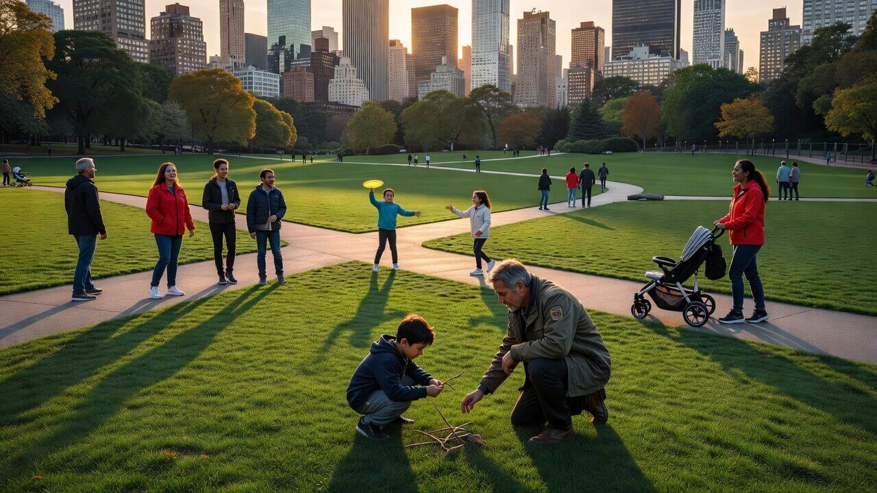Vibrant urban public park in New York City showing open lawns, walking paths, and families enjoying outdoor activities