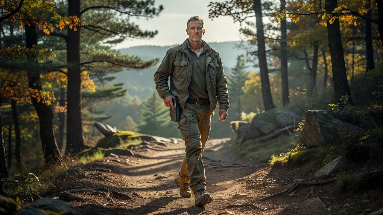 Responsible adult outdoorsman hiking on a Pennsylvania trail while legally carrying a concealed firearm in a modern holster, showcasing everyday self-defense freedom
