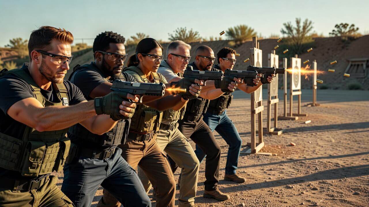 Group of diverse shooters practicing with 2026 model handguns on an outdoor range, demonstrating controlled rapid fire