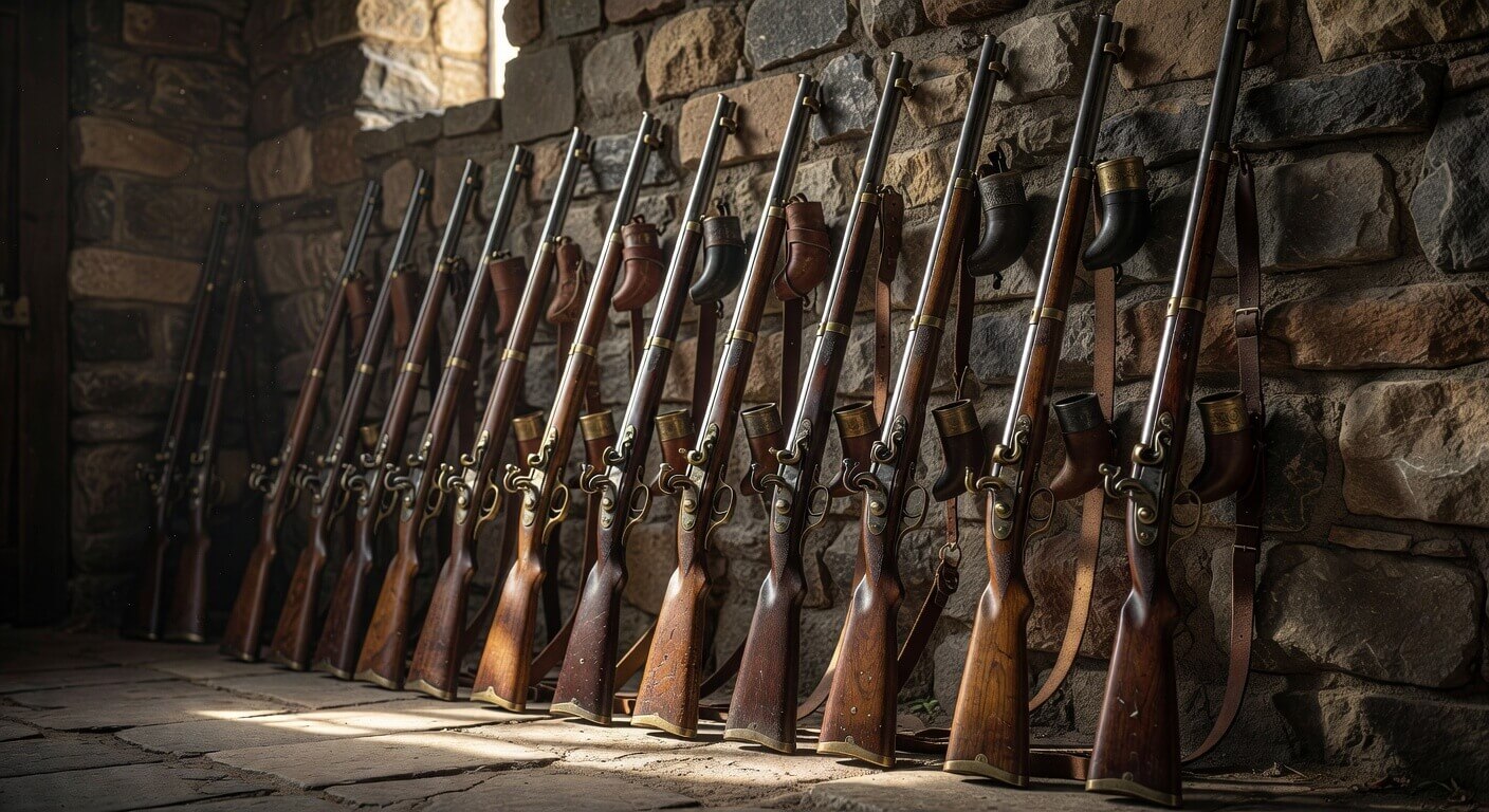 Group of authentic-looking 1776-style muskets lined up against a stone wall with period leather accoutrements