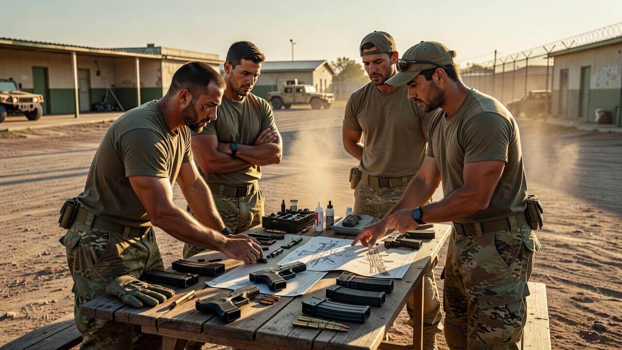 Group of off-duty soldiers discussing firearm safety and training on a U.S. military base