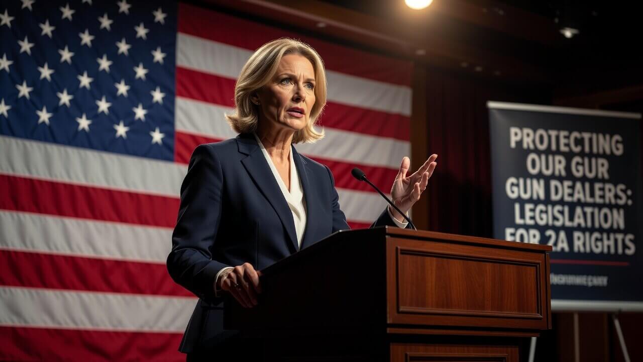 U.S. Senator Cindy Hyde-Smith speaking at a podium with American flag backdrop, discussing legislation to protect gun dealers