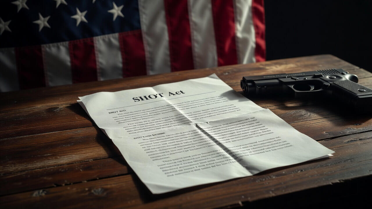 Close-up of the SHOT Act bill document on a wooden desk with American flag in background