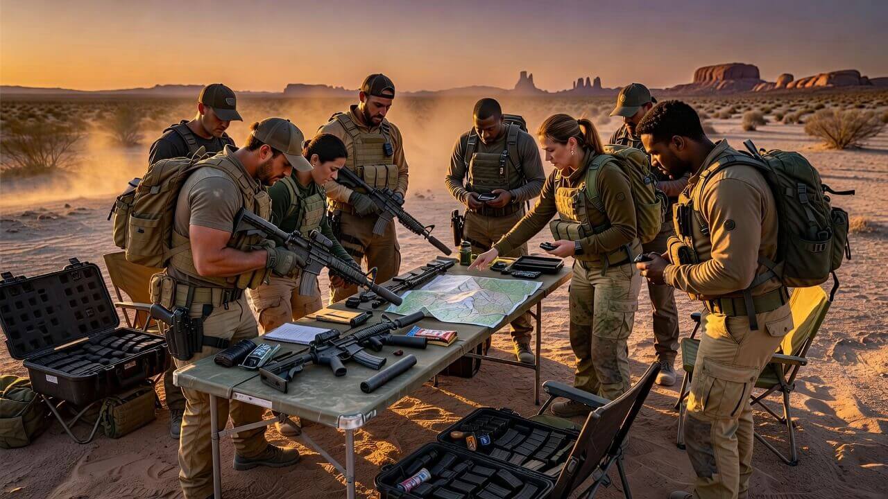 Group of competitors checking gear and discussing strategy at a desert Run and Gun championship campsite