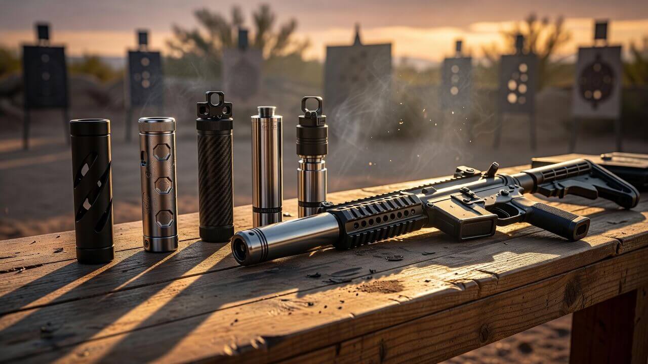 A detailed close-up of multiple modern rifle suppressors lined up on a wooden workbench next to an AR-15 platform rifle at an outdoor shooting range during golden hour lighting