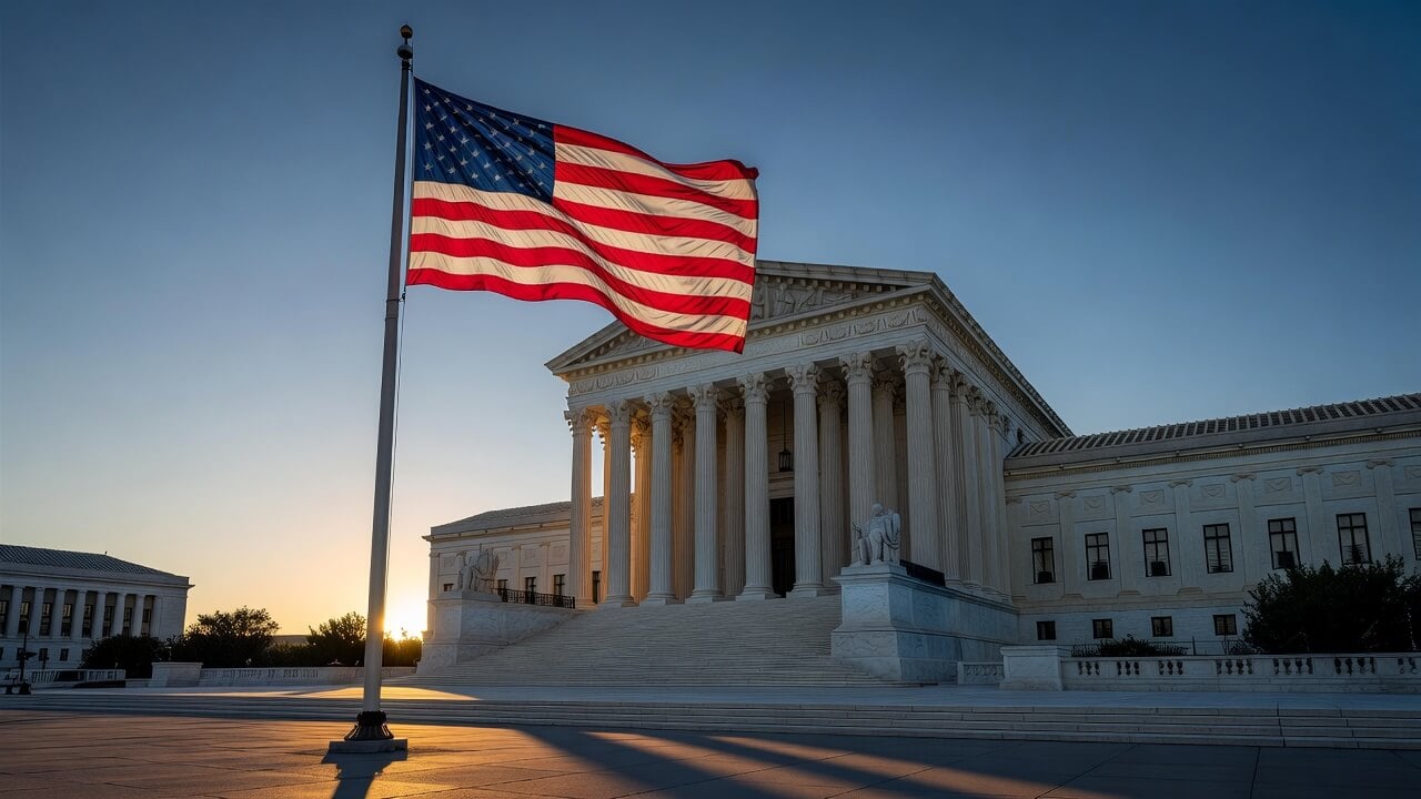 Dramatic wide-angle view of the U.S. Supreme Court building at sunrise with an American flag waving prominently in the foreground