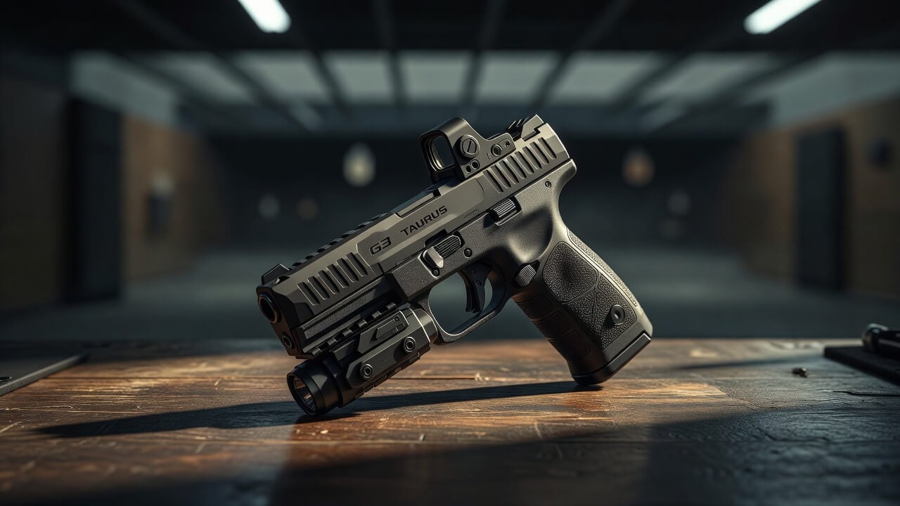 Taurus G3 Tactical pistol on a wooden range table with optics mounted and accessories attached to the rail
