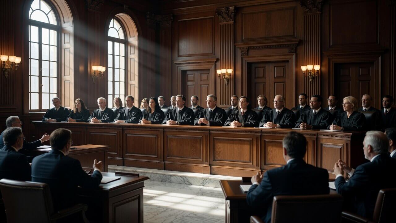En banc Third Circuit courtroom with judges listening to arguments on New Jersey gun restrictions